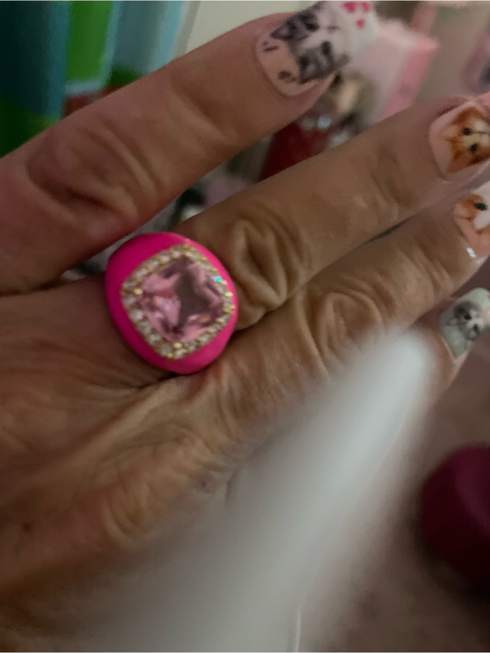 Source Unknown Hot Pink Crystal Ring with Pale Pink Center